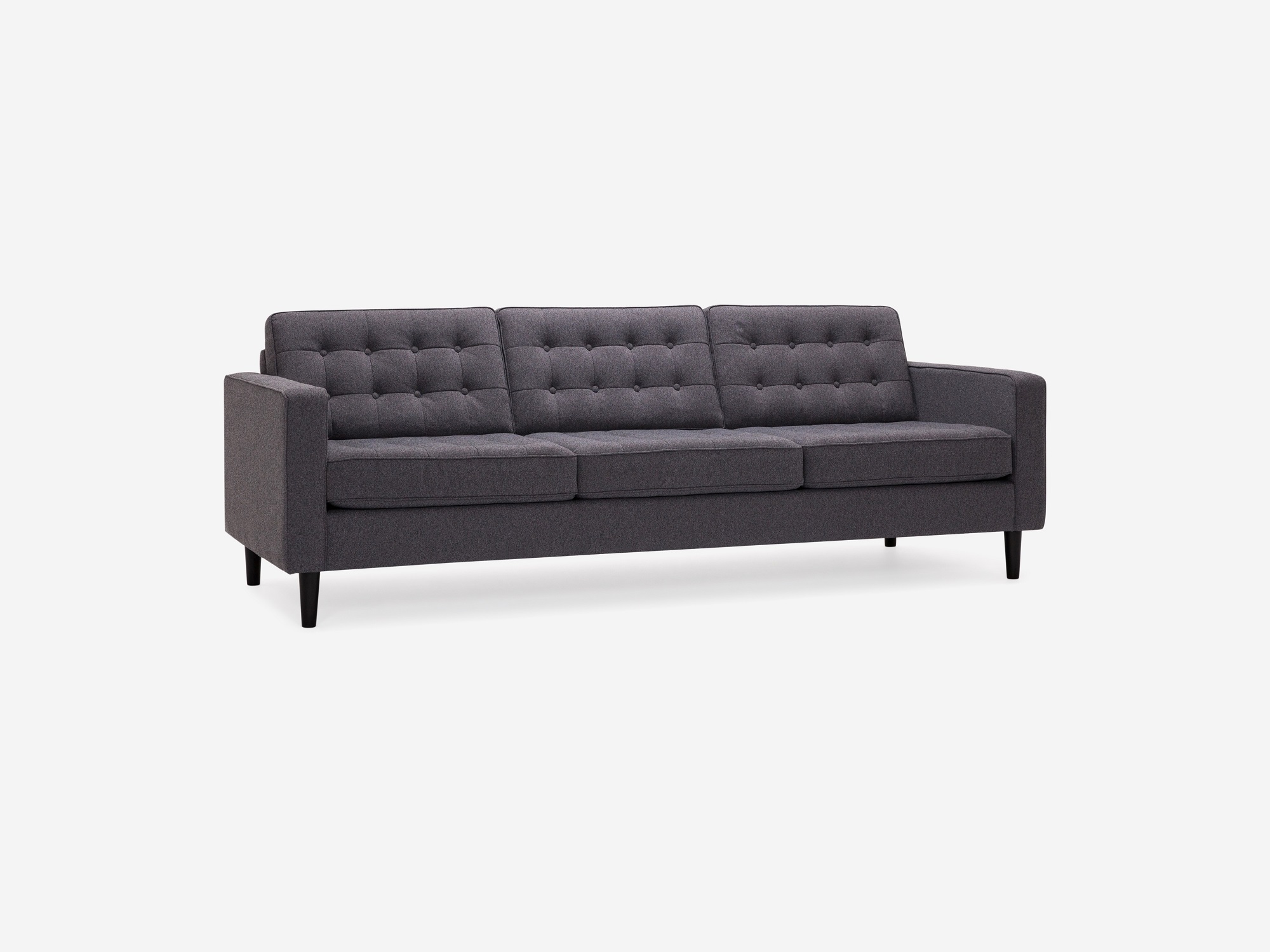 Corner view of our mid century modern sofa, the Reverie 92", upholstered in grey fabric